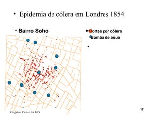 Epidemia de cólera em Londres 1854 Kingston Centre for GIS Bairro Soho Historicamente coube a John Snow, no século XIX, a percepção de que a epidemia de cólera na Londres de então podia estar sendo propagada através do escoamento superficial das águas contaminadas. Recorrendo a mapas nos quais se representavam a distribuição geográfica de mortes por cólera bem como a infra-estrutura de distribuição de águas, em 1854, este pesquisador provou a associação entre mortalidade e regiões drenadas por águas contaminadas.   Mortes por cólera Bomba de água + 