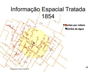 Informação Espacial Tratada 1854 Kingston Centre for GIS Mortes por cólera Bomba de água + 