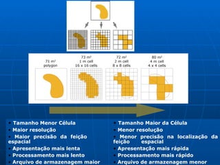 Tamanho Menor Célula Maior resolução Maior precisão da feição  espacial Apresentação mais lenta Processamento mais lento Arquivo de armazenagem maior Tamanho Maior da Célula Menor resolução Menor precisão na localização da feição  espacial Apresentação mais rápida Processamento mais rápido Arquivo de armazenagem menor 