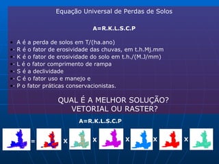 Equação Universal de Perdas de Solos A=R.K.L.S.C.P A é a perda de solos em T/(ha.ano) · R é o fator de erosividade das chuvas, em t.h.Mj.mm · K é o fator de erosividade do solo em t.h./(M.J/mm) · L é o fator comprimento de rampa · S é a declividade · C é o fator uso e manejo e · P o fator práticas conservacionistas. QUAL É A MELHOR SOLUÇÃO? VETORIAL OU RASTER? A=R.K.L.S.C.P = X X X X X 