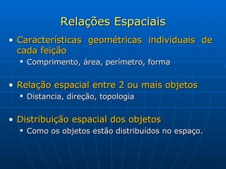 Relações Espaciais Características geométricas individuais de cada feição Comprimento, área, perímetro, forma Relação espacial entre 2 ou mais objetos Distancia, direção, topologia Distribuição espacial dos objetos  Como os objetos estão distribuídos no espaço. 