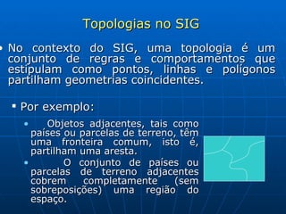 Topologias no SIG No contexto do SIG, uma topologia é um conjunto de regras e comportamentos que estipulam como pontos, linhas e polígonos partilham geometrias coincidentes. Por exemplo: Objetos adjacentes, tais como países ou parcelas de terreno, têm uma fronteira comum, isto é, partilham uma aresta. O conjunto de países ou parcelas de terreno adjacentes cobrem completamente (sem sobreposições) uma região do espaço. 