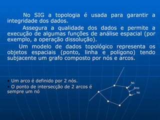 No SIG a topologia é usada para garantir a integridade dos dados. Assegura a qualidade dos dados e permite a execução de algumas funções de análise espacial (por exemplo, a operação dissolução). Um modelo de dados topológico representa os objetos espaciais (ponto, linha e polígono) tendo subjacente um grafo composto por nós e arcos. Um arco é definido por 2 nós. O ponto de intersecção de 2 arcos é sempre um nó Nó Arco Nó 