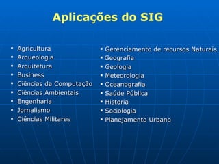 Agricultura Arqueologia Arquitetura  Business Ciências da Computação Ciências Ambientais  Engenharia Jornalismo Ciências Militares Aplicações do SIG Gerenciamento de recursos Naturais Geografia Geologia Meteorologia Oceanografia Saúde Pública Historia Sociologia Planejamento Urbano 