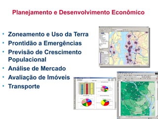 Planejamento e Desenvolvimento Econômico Zoneamento e Uso da Terra Prontidão a Emergências Previsão de Crescimento Populacional Análise de Mercado Avaliação de Imóveis Transporte 