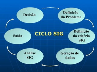 Decisão Saída Análise SIG Geração de  dados Definição  do critério  SIG Definição  do Problema CICLO  SIG 