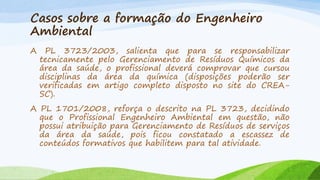 Casos sobre a formação do Engenheiro
Ambiental
A

PL 3723/2003, salienta que para se responsabilizar
tecnicamente pelo Gerenciamento de Resíduos Químicos da
área da saúde, o profissional deverá comprovar que cursou
disciplinas da área da química (disposições poderão ser
verificadas em artigo completo disposto no site do CREASC).

A PL 1701/2008, reforça o descrito na PL 3723, decidindo
que o Profissional Engenheiro Ambiental em questão, não
possui atribuição para Gerenciamento de Resíduos de serviços
da área da saúde, pois ficou constatado a escassez de
conteúdos formativos que habilitem para tal atividade.

 