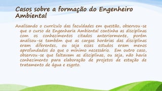 Casos sobre a formação do Engenheiro
Ambiental
Analisando o currículo das faculdades em questão, observou-se
que o curso de Engenharia Ambiental continha as disciplinas
com os conhecimentos citados anteriormente, porém
analisou-se também que as cargas horárias das disciplinas
eram diferentes, ou seja esses estudos eram menos
aprofundados do que o mínimo necessário. Em outro caso,
observou-se que faltavam as disciplinas, ou seja, não havia
conhecimento para elaboração de projetos de estação de
tratamento de água e esgoto.

 