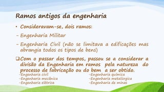 Ramos antigos da engenharia
• Consideravam-se, dois ramos:
- Engenharia Militar

- Engenharia Civil (não se limitava a edificações mas
abrangia todos os tipos de bens)
Com o passar dos tempos, passou se a considerar a
divisão da Engenharia em ramos pela natureza do
processo de fabricação ou do bem a ser obtido.
-Engenharia civil
-Engenharia mecânica
-Engenharia elétrica

-Engenharia química
-Engenharia metalúrgica
-Engenharia de minas

 