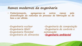 Ramos modernos da engenharia
• Posteriormente,
agregaram-se
outros
ramos
pela
diversificação da natureza do processo de fabricação ou do
bem a ser obtido.

-Engenharia
-Engenharia
-Engenharia
-Engenharia

nuclear
têxtil
florestal
de alimentos

-Engenharia de computação
-Engenharia de controle e
automação
-Engenharia ambiental

 