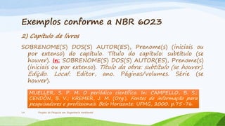 Exemplos conforme a NBR 6023
2) Capítulo de livros
SOBRENOME(S) DOS(S) AUTOR(ES), Prenome(s) (iniciais ou
por extenso) do capítulo. Título do capítulo: subtítulo (se
houver). In: SOBRENOME(S) DOS(S) AUTOR(ES), Prenome(s)
(iniciais ou por extenso). Título da obra: subtítulo (se houver).
Edição. Local: Editor, ano. Páginas/volumes. Série (se
houver).
MUELLER, S. P. M. O periódico científico. In: CAMPELLO, B. S.;
CENDÒN, B. V.; KREMER, J. M. (Org.). Fontes de informação para
pesquisadores e profissionais. Belo Horizonte: UFMG, 2000. p.75-76.
19

Projeto de Pesquisa em Engenharia Ambiental

 