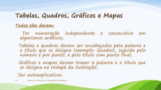 Tabelas, Quadros, Gráficos e Mapas
Todos eles devem:
·

Ter numeração independente
algarismos arábicos;

e

consecutiva

em

· Tabelas e quadros devem ser encabeçados pela palavra e
o título que os designa (exemplo: Quadro), seguida pelo
número e por ponto, e pelo título com ponto final;
· Gráficos e mapas devem trazer a palavra e o título que
os designa no rodapé da ilustração;
· Ser autoexplicativos.
41

Projeto de Pesquisa em Engenharia Ambiental

 