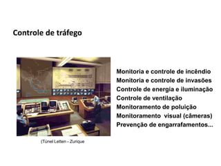 Automação da Produção

  Controle de tráfego



                                                      Monitoria e controle de incêndio
                                                      Monitoria e controle de invasões
                                                      Controle de energia e iluminação
                                                      Controle de ventilação
                                                      Monitoramento de poluição
                                                      Monitoramento visual (câmeras)
                                                      Prevenção de engarrafamentos...

                 (Túnel Letten - Zurique



Os slides seguintes foram adaptados de Kirrmann/ABB
 