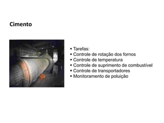 Automação da Produção

  Cimento


                                               Tarefas:
                                               Controle de rotação dos fornos
                                               Controle de temperatura
                                               Controle de suprimento de combustível
                                               Controle de transportadores
                                               Monitoramento de poluição




Os slides seguintes foram adaptados de Kirrmann/ABB
 