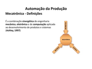 Automação da Produção
Mecatrônica - Definições

É a combinação sinergética de engenharia
mecânica, eletrônica e de computação aplicada
ao desenvolvimento de produtos e sistemas
(Ashley, 1997)
 
