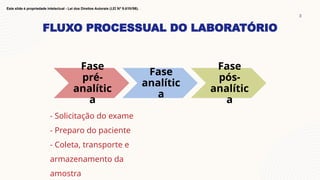 FLUXO PROCESSUAL DO LABORATÓRIO
3
Este slide é propriedade intelectual - Lei dos Direitos Autorais (LEI Nº 9.610/98).
Fase
pré-
analític
a
Fase
analític
a
Fase
pós-
analític
a
- Solicitação do exame
- Preparo do paciente
- Coleta, transporte e
armazenamento da
amostra
 