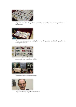 Pequena amostra de pedras lapidadas e usadas nas aulas praticas no
laboratório.




Gema surpreendente, as múltiplas cores do quartzo, conhecido geralmente
como gema incolor.




Amostra de pedras do laboratório.




Amostra de pedras do laboratório.




Professor Rainer Aloys Schultz-Güttler.
 