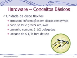 Hardware – Conceitos Básicos Unidade de disco flexível armazena informações em discos removíveis pode-se ler e gravar arquivos tamanho comum: 3 1/2 polegadas unidade de 5 1/4: fora de uso   