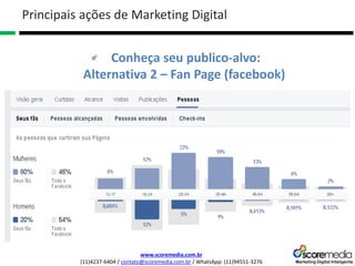 www.scoremedia.com.br
(11)4237-6404 / contato@scoremedia.com.br / WhatsApp: (11)94551-3276
Conheça seu publico-alvo:
Alternativa 2 – Fan Page (facebook)
Principais ações de Marketing Digital
 