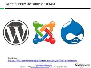 www.scoremedia.com.br
(11)4237-6404 / contato@scoremedia.com.br / WhatsApp: (11)94551-3276
Gerenciadores de conteúdo (CMS)
Estatística:
http://w3techs.com/technologies/history_overview/content_management
 