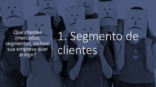 1. Segmento de
clientes
Que clientes
(mercados,
segmentos, nichos)
sua empresa quer
atingir?
 