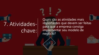 7. Atividades-
chave:
Quais são as atividades mais
importantes que devem ser feitas
para que a empresa consiga
implementar seu modelo de
negócio?
 
