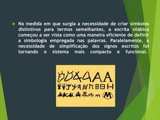  Na medida em que surgia a necessidade de criar símbolos
distintivos para termos semelhantes, a escrita silábica
começou a ser vista como uma maneira eficiente de definir
a simbologia empregada nas palavras. Paralelamente, a
necessidade de simplificação dos signos escritos foi
tornando o sistema mais compacto e funcional.
 