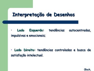 Interpretação de Desenhos Lado Esquerdo:  tendências autocentradas, impulsivas e emocionais; Lado Direito:  tendências controladas e busca de satisfação intelectual. (Buck, 1974) 
