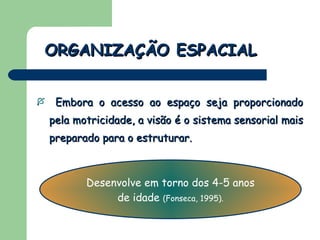 Embora o acesso ao espaço seja proporcionado pela motricidade, a visão é o sistema sensorial mais preparado para o estruturar. ORGANIZAÇÃO ESPACIAL Desenvolve em torno dos 4-5 anos de idade  (Fonseca, 1995). 
