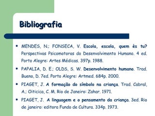 Bibliografia MENDES, N.; FONSECA, V.  Escola, escola, quem ès tu?  Perspectivas Psicomotoras do Desenvolvimento Humano.  4 ed. Porto Alegre: Artes Médicas. 397p. 1988. PAPALIA, D. E.; OLDS, S. W.  Desenvolvimento humano .  Trad. Bueno, D. 7ed. Porto Alegre: Artmed. 684p.  2000.  PIAGET, J.  A formação do símbolo na criança . Trad. Cabral, A.; Oiticica, C. M. Rio de Janeiro: Zahar. 1971.  PIAGET, J.  A linguagem e o pensamento da criança . 3ed. Rio de janeiro: editora Fundo de Cultura. 334p. 1973.  