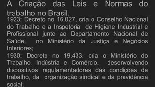 A Criação das Leis e Normas do
trabalho no Brasil.
1923: Decreto no 16.027, cria o Conselho Nacional
do Trabalho e a Inspetoria de Higiene Industrial e
Profissional junto ao Departamento Nacional de
Saúde, no Ministério da Justiça e Negócios
Interiores;
1930: Decreto no 19.433, cria o Ministério do
Trabalho, Indústria e Comércio, desenvolvendo
dispositivos regulamentadores das condições de
trabalho, da organização sindical e da previdência
social;
 