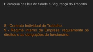 Hierarquia das leis de Saúde e Segurança do Trabalho
8 - Contrato Individual de Trabalho.
9 - Regime Interno da Empresa: regulamenta os
direitos e as obrigações do funcionário.
 