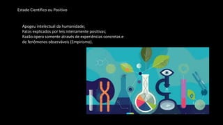 Estado Científico ou Positivo
Apogeu intelectual da humanidade;
Fatos explicados por leis inteiramente positivas;
Razão opera somente através de experiências concretas e
de fenômenos observáveis (Empirismo).
 