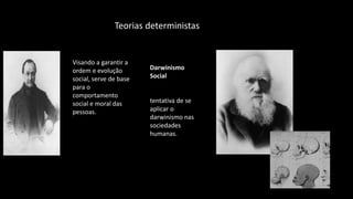 Teorias deterministas
Visando a garantir a
ordem e evolução
social, serve de base
para o
comportamento
social e moral das
pessoas.
Darwinismo
Social
tentativa de se
aplicar o
darwinismo nas
sociedades
humanas.
 