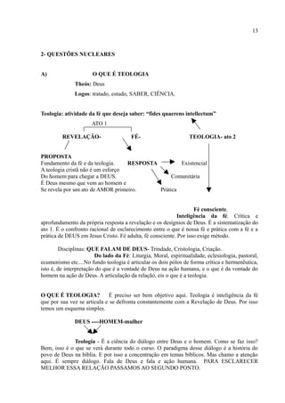 13



2- QUESTÕES NUCLEARES


A)                    O QUE É TEOLOGIA
               Theós: Deus
               Logos: tratado, estudo, SABER, CIÊNCIA.


Teologia: atividade da fé que deseja saber: “fides quaerens intellectum”
                      ATO 1

         REVELAÇÃO-                    FÉ-                       TEOLOGIA- ato 2


PROPOSTA
Fundamento da fé e da teologia.    RESPOSTA         Existencial
A teologia cristã não é um esforço
Do homem para chegar a DEUS.                     Comunitária
É Deus mesmo que vem ao homem e
Se revela por um ato de AMOR primeiro.      Prática


                                                                  Fé consciente.
                                                           Inteligência da fé. Crítica e
aprofundamento da própria resposta a revelação e os desígnios de Deus. É a sistematização do
ato 1. É o confronto racional de esclarecimento entre o que é nossa fé e prática com a fé e a
prática de DEUS em Jesus Cristo. Fé adulta, fé consciente. Por isso exige método.

        Disciplinas: QUE FALAM DE DEUS- Trindade, Cristologia, Criação.
                        Do lado da Fé: Liturgia, Moral, espiritualidade, eclesiologia, pastoral,
ecumenismo etc....No fundo teologia é articular os dois pólos de forma crítica e hermenêutica,
isto é, de interpretação do que é a vontade de Deus na ação humana, e o que é da vontade do
homem na ação de Deus. A articulação da relação, eis o que é a teologia.


O QUE É TEOLOGIA?            É preciso ser bem objetivo aqui. Teologia é inteligência da fé
que por sua vez se articula e se defronta constantemente com a Revelação de Deus. Por isso
temos um esquema simples.

               DEUS ----HOMEM-mulher


              Teologia - É a ciência do diálogo entre Deus e o homem. Como se faz isso?
Bem, isso é o que se verá durante todo o curso. O paradigma desse diálogo é a história do
povo de Deus na bíblia. E por isso a concentração em temas bíblicos. Mas chamo a atenção
aqui. É sempre diálogo. Fala de Deus e fala e ação humana. PARA ESCLARECER
MELHOR ESSA RELAÇÃO PASSAMOS AO SEGUNDO PONTO.
 