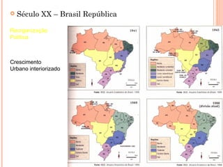    Século XX – Brasil República

Reorganização
Política



Crescimento
Urbano interiorizado
 