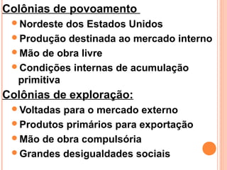 Colônias de povoamento :
 Nordeste  dos Estados Unidos
 Produção destinada ao mercado interno
 Mão de obra livre
 Condições internas de acumulação
  primitiva
Colônias de exploração:
 Voltadaspara o mercado externo
 Produtos primários para exportação
 Mão de obra compulsória
 Grandes desigualdades sociais
 
