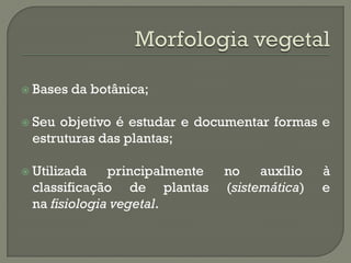  Bases   da botânica;

 Seuobjetivo é estudar e documentar formas e
 estruturas das plantas;

 Utilizada   principalmente   no auxílio      à
 classificação de plantas      (sistemática)   e
 na fisiologia vegetal.
 