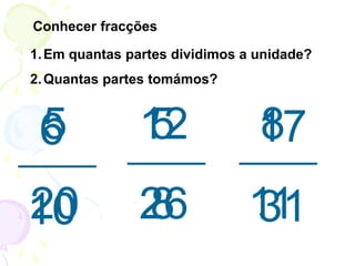 Conhecer fracções
1.Em quantas partes dividimos a unidade?
2.Quantas partes tomámos?
6
10
5
8
17
31
5
20
12
26
8
11
 