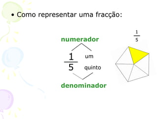 • Como representar uma fracção:
um
1
5 quinto
numerador
denominador
1
5
 