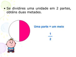 • Se dividires uma unidade em 2 partes,
obténs duas metades.
Uma parte = um meio
1
2
 