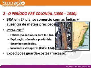 2 - O PERÍODO PRÉ-COLONIAL (1500 – 1530):
• BRA em 2º plano: comércio com as Índias +
  ausência de metais preciosos.
• Pau-Brasil
  –   Fabricação de tintura para tecidos.
  –   Exploração nômade e predatória.
  –   Escambo com índios.
  –   Incursões estrangeiras (ESP e FRA).
                                            O PAU BRASIL
• Expedições guarda-costas (fracasso).
 