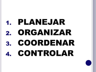 1. PLANEJAR
2. ORGANIZAR
3. COORDENAR
4. CONTROLAR
 