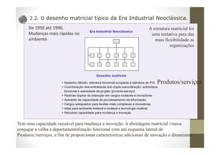 2.2. O desenho matricial típico da Era Industrial Neoclássica.
De 1950 até 1990,
Mudanças mais rápidas no
ambiente.
A estrutura matricial foi
uma tentativa para das
mais flexibilidade as
organizações
Produtos/serviços
Tem uma capacidade razoável para mudança e inovação. A abordagem matricial visava
conjugar a velha a departamentalização funcional com um esquema lateral de
Produtos;/serviços, a fim de proporcionar caracteristicas adicionais de inovação e dinamismo.
 