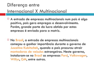 Diferença entre
Internacional X Multinacional
   A entrada de empresas multinacionais num país é algo
    positivo, pois gera empregos e desenvolvimento.
    Porém, grande parte do lucro obtido por estas
    empresas é enviado para a matriz.

   No Brasil, a entrada de empresas multinacionais
    começou a ganhar importância durante o governo de
    Juscelino Kubitschek, quando o país procurou atrair
    montadoras de veículos estrangeiras. Neste governo,
    instalaram-se no Brasil as empresas Ford, Volkswagen,
    Willys, GM, entre outras.
 