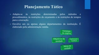 Planejamento Tático 
 Adapta-se às restrições determinadas pelos métodos e 
procedimentos, às restrições do orçamento e às restrições de tempos 
para a execução. 
 Envolve um ou apenas alguns departamentos da instituição. É 
elaborado pela administração média. 
 