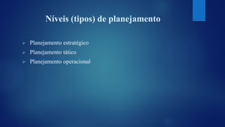 Níveis (tipos) de planejamento 
 Planejamento estratégico 
 Planejamento tático 
 Planejamento operacional 
 