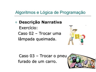 Algoritmos e Lógica de Programação
o Descrição Narrativa
Exercício:
Exercício:
Caso 02 – Trocar uma
Caso 02 – Trocar uma
lâmpada queimada.
lâmpada queimada.
Caso 03 – Trocar o pneu
Caso 03 – Trocar o pneu
furado de um carro.
furado de um carro.
 