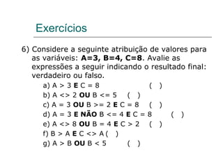 Exercícios
6) Considere a seguinte atribuição de valores para
as variáveis: A=3, B=4, C=8. Avalie as
expressões a seguir indicando o resultado final:
verdadeiro ou falso.
a) A > 3 E C = 8 ( )
b) A <> 2 OU B <= 5 ( )
c) A = 3 OU B >= 2 E C = 8 ( )
d) A = 3 E NÃO B <= 4 E C = 8 ( )
e) A <> 8 OU B = 4 E C > 2 ( )
f) B > A E C <> A ( )
g) A > B OU B < 5 ( )
 