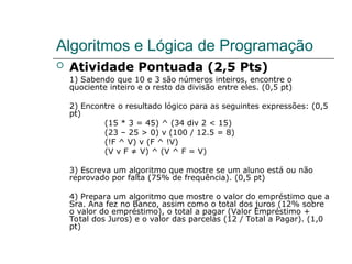 Algoritmos e Lógica de Programação
 Atividade Pontuada (2,5 Pts)
1) Sabendo que 10 e 3 são números inteiros, encontre o
quociente inteiro e o resto da divisão entre eles. (0,5 pt)
2) Encontre o resultado lógico para as seguintes expressões: (0,5
pt)
(15 * 3 = 45) ^ (34 div 2 < 15)
(23 – 25 > 0) v (100 / 12.5 = 8)
(!F ^ V) v (F ^ !V)
(V v F ≠ V) ^ (V ^ F = V)
3) Escreva um algoritmo que mostre se um aluno está ou não
reprovado por falta (75% de frequência). (0,5 pt)
4) Prepara um algoritmo que mostre o valor do empréstimo que a
Sra. Ana fez no Banco, assim como o total dos juros (12% sobre
o valor do empréstimo), o total a pagar (Valor Empréstimo +
Total dos Juros) e o valor das parcelas (12 / Total a Pagar). (1,0
pt)
 